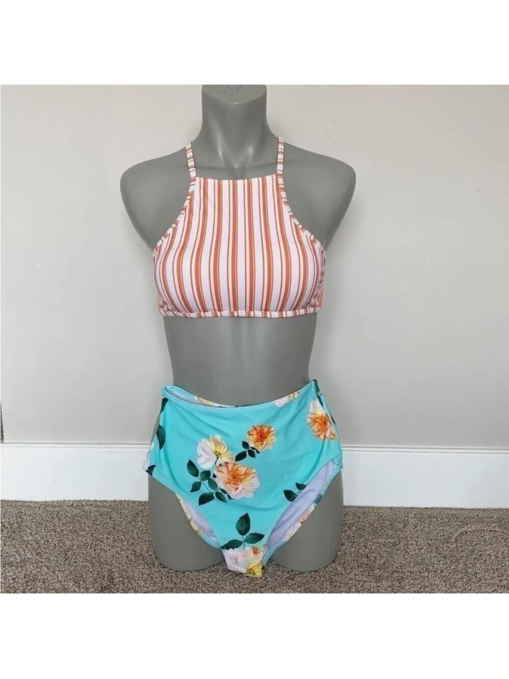 SEASELFIE Womens High Waisted Bikini Set Orange Stripe/Floral Size XS